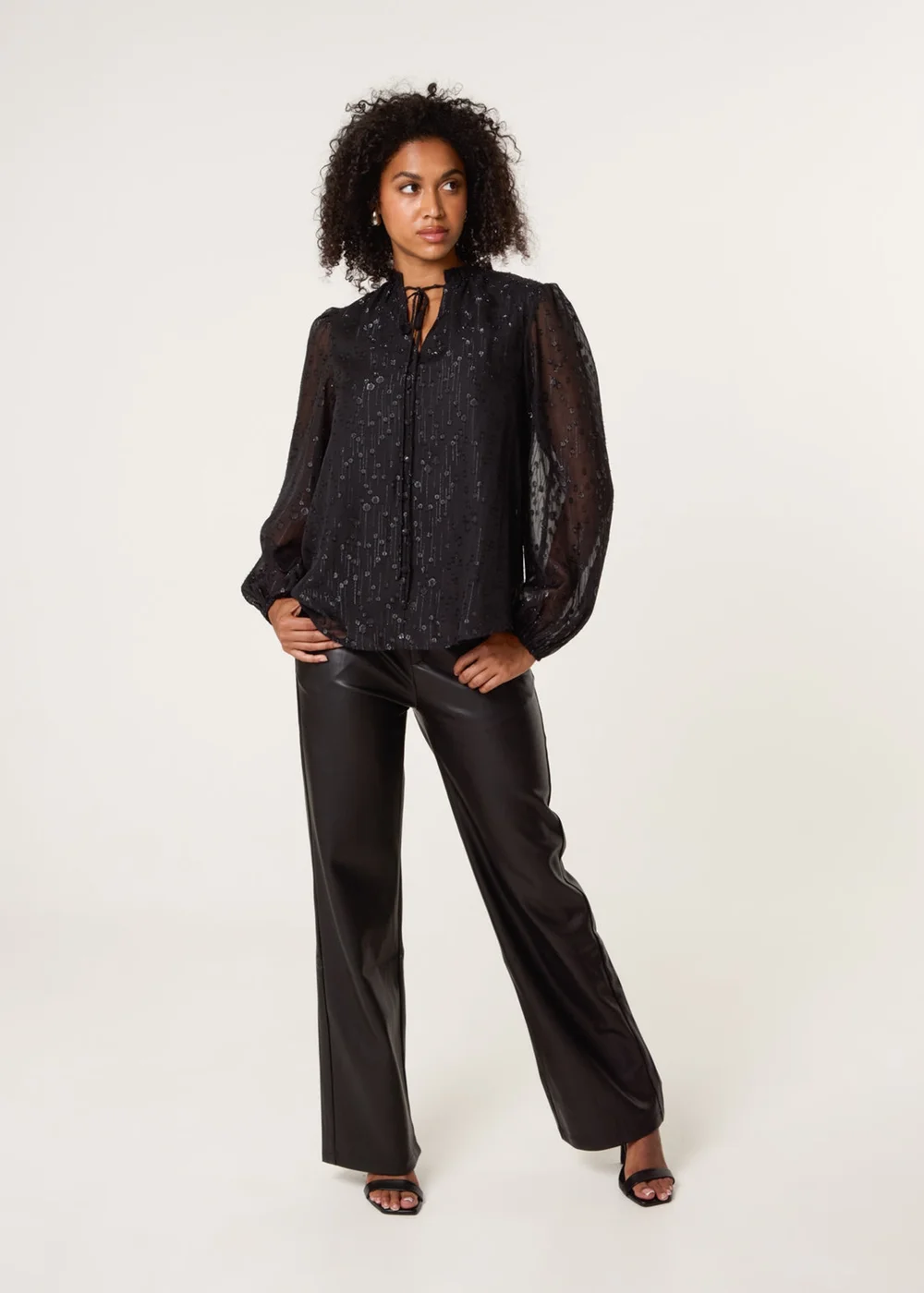 Blue Vanilla Black Jacquard Button And Tie Front Blouse - Size 10 Image 2