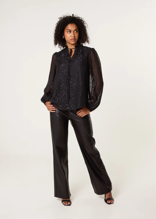 Blue Vanilla Black Jacquard Button And Tie Front Blouse