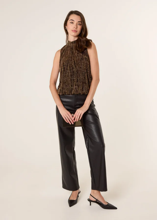 Blue Vanilla Gold High Neck Shimmery Puffball Sleeveless Blouse