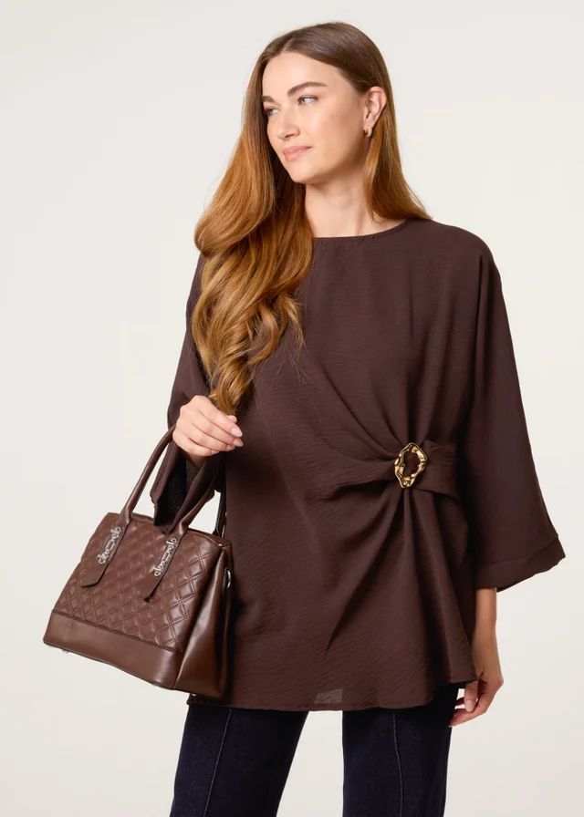 Blue Vanilla Brown Detail Side Gathered Blouse