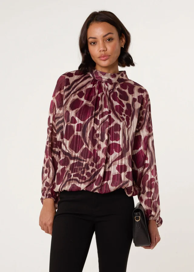 Blue Vanilla Burgundy Metallic Stripe Puffball Blouse