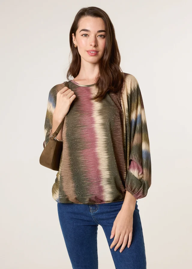 Blue Vanilla Khaki Printed Round Neck Long Sleeve Top