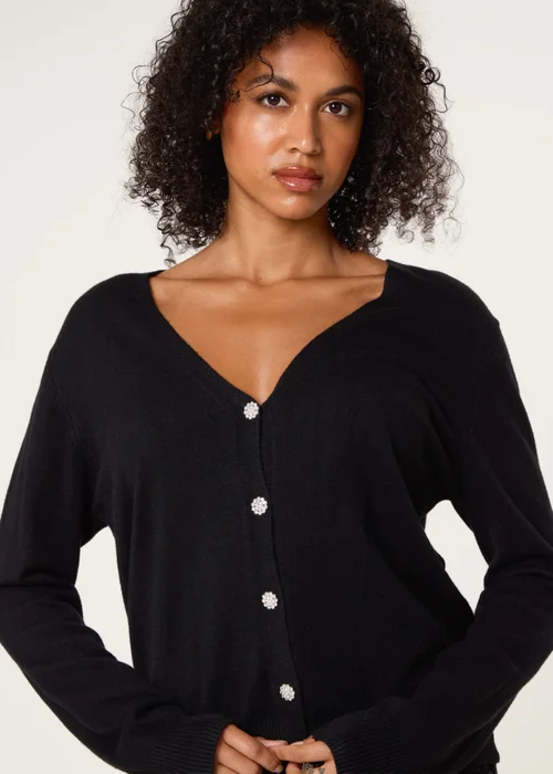Blue Vanilla Black V Neck Diamante Button Cardigan - S/M Image 3