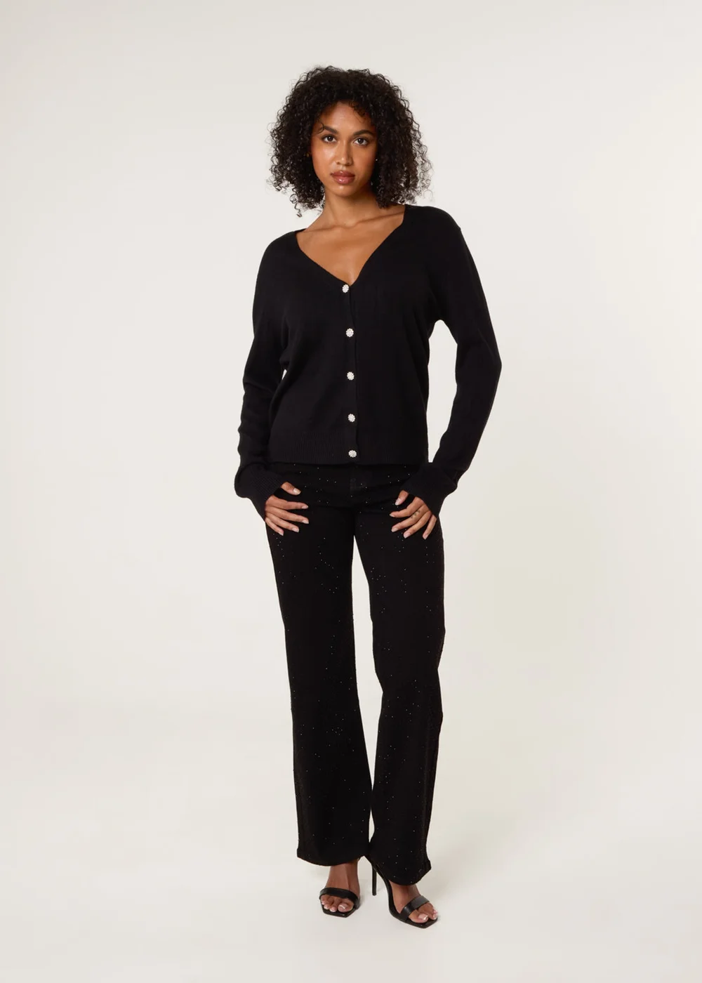 Blue Vanilla Black V Neck Diamante Button Cardigan - S/M Image 2
