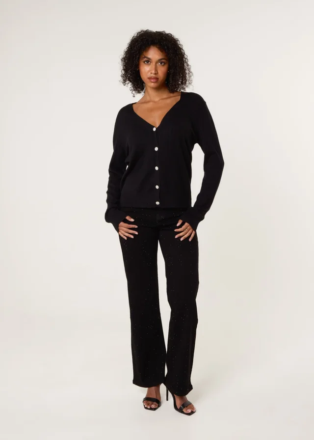 Blue Vanilla Black V Neck Diamante Button Cardigan