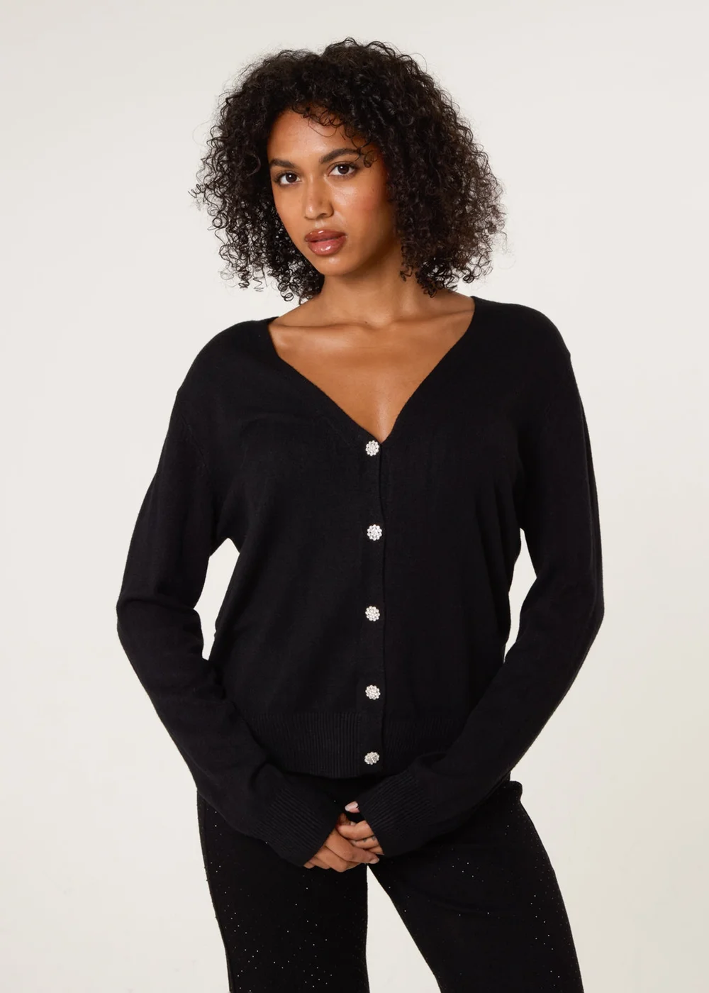Blue Vanilla Black V Neck Diamante Button Cardigan - S/M Image 1