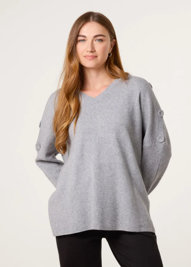 Blue Vanilla Grey V Neck Button Jumper
