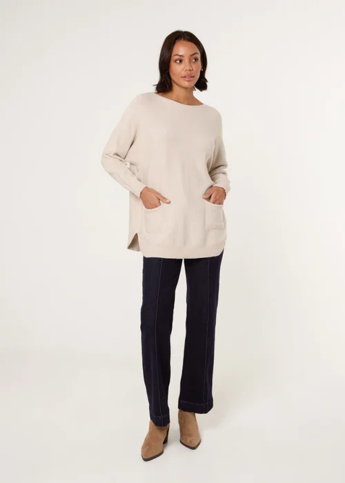 Blue Vanilla Beige Pocket Slash Scoop Neck Jumper - One Size Image 3