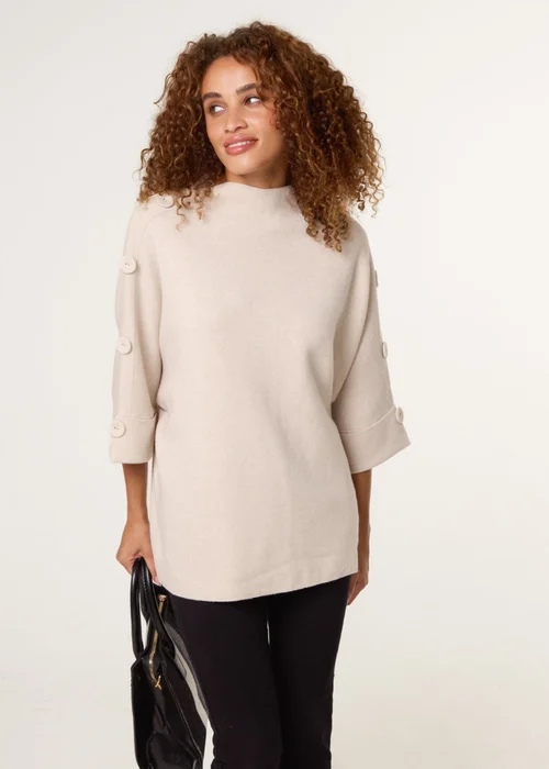 Blue Vanilla Beige High Neck Fabric Button Sleeve Jumper - Small/Medium Image 1