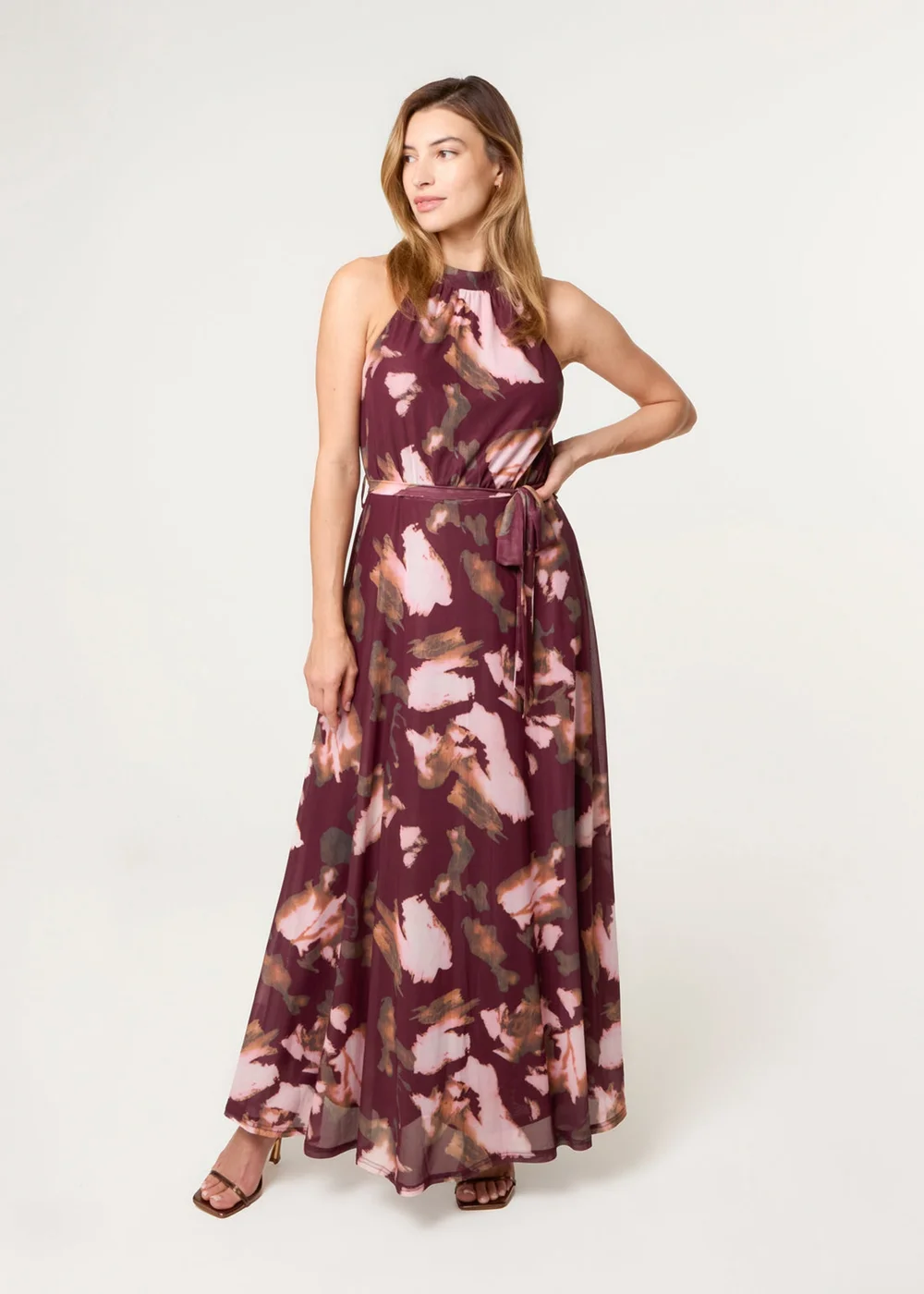 Blue Vanilla Burgundy Mesh Halter Neck Belted Maxi Dress - L Image 3