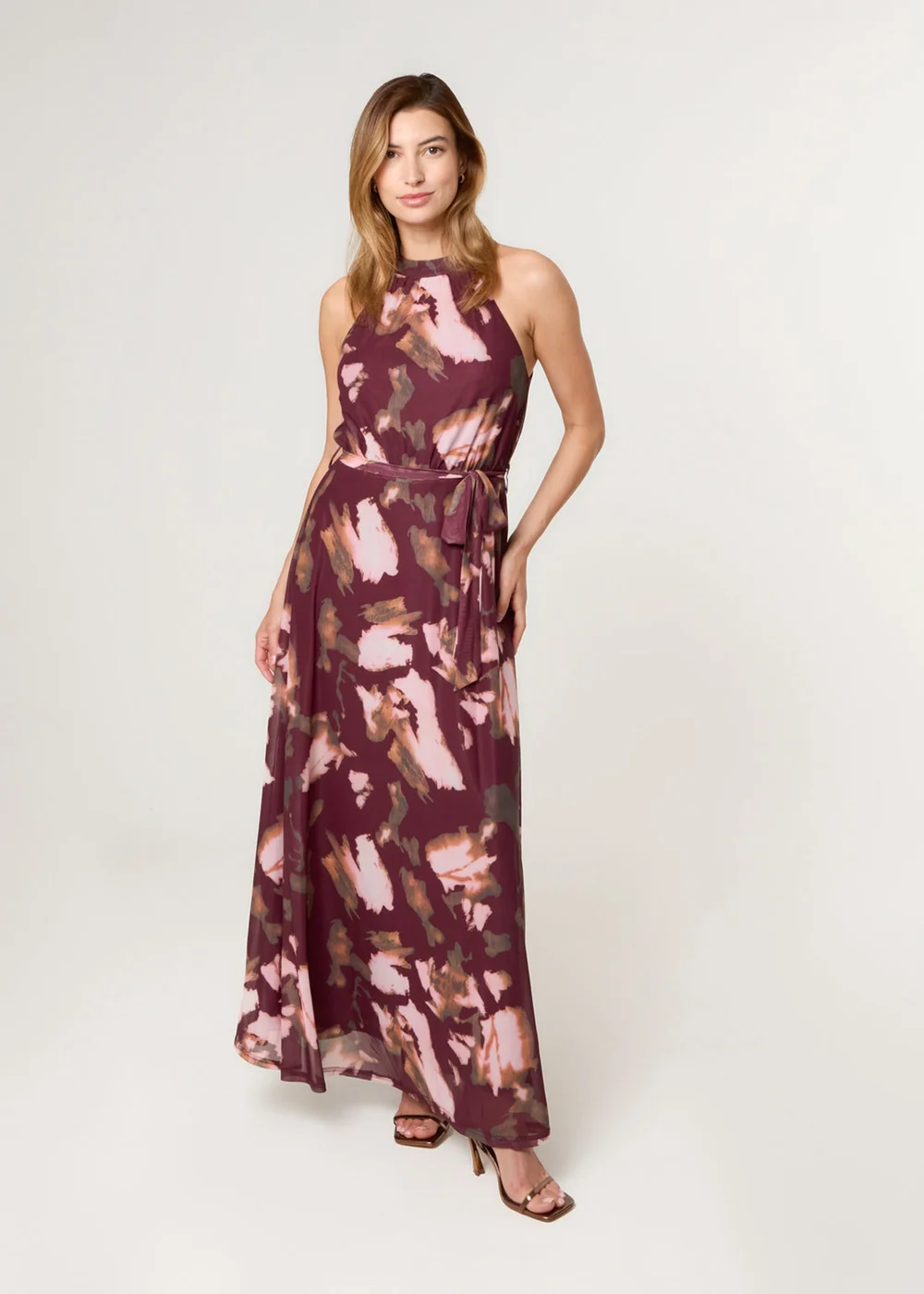 Blue Vanilla Burgundy Mesh Halter Neck Belted Maxi Dress - L Image 1