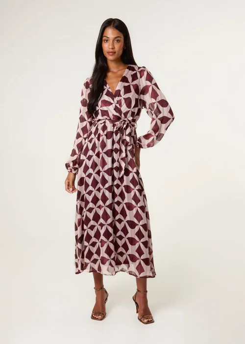 Blue Vanilla Burgundy Geometric Metallic Wrap Maxi Dress - Medium Image 2