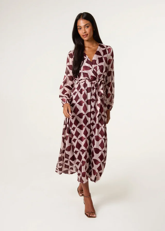 Blue Vanilla Burgundy Geometric Metallic Wrap Maxi Dress