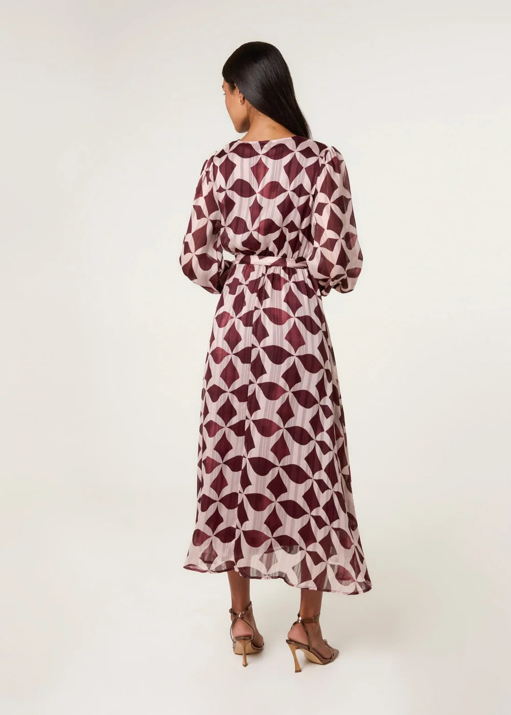 Blue Vanilla Burgundy Geometric Metallic Wrap Maxi Dress - L Image 4