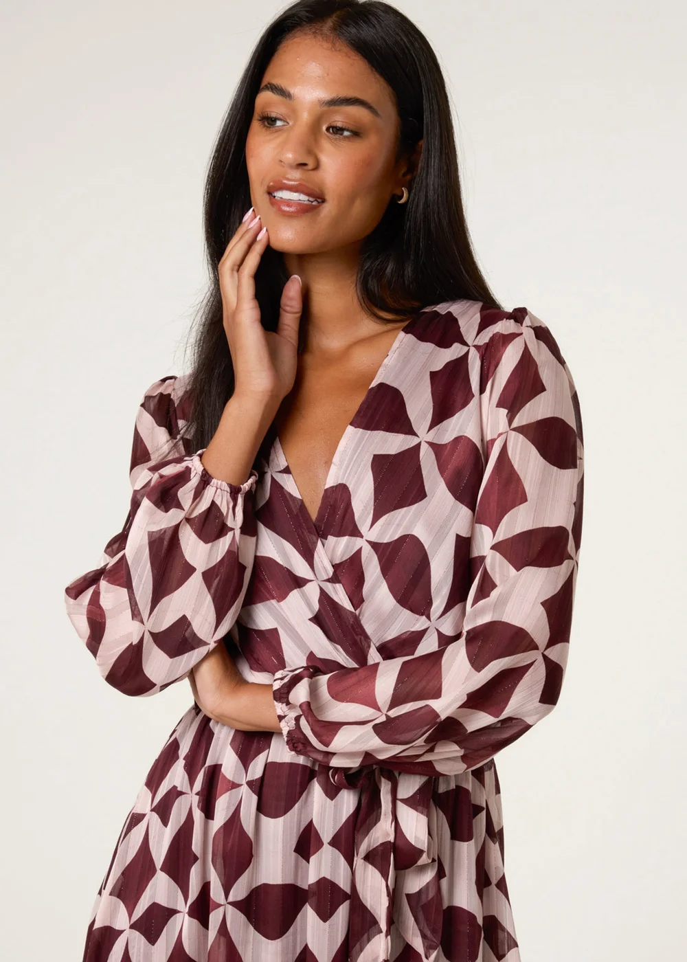 Blue Vanilla Burgundy Geometric Metallic Wrap Maxi Dress - L Image 2