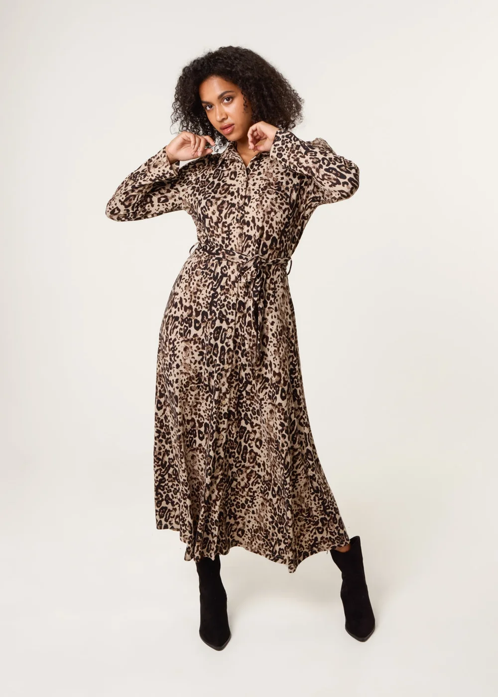 Blue Vanilla Brown Soft Touch Leopard Print Midi Shirt Dress - L Image 1