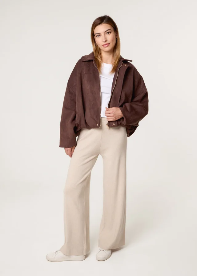 Blue Vanilla Beige Knitted Wide Leg Trousers