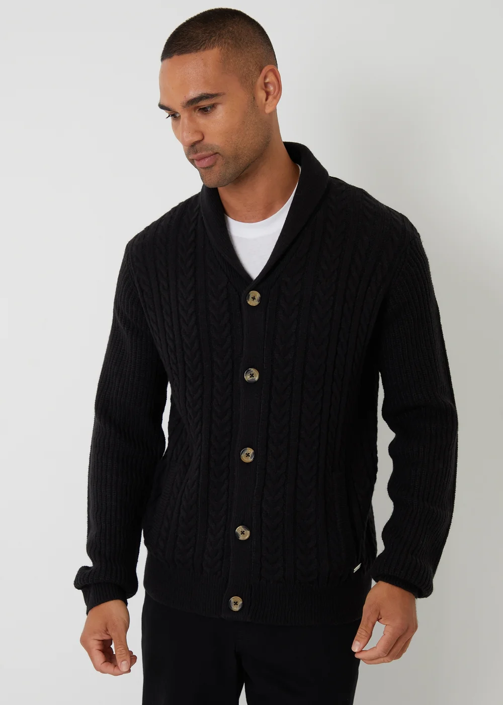 Threadbare Black Cable Knit Shawl Collar Cardigan With Wool - M Image 1