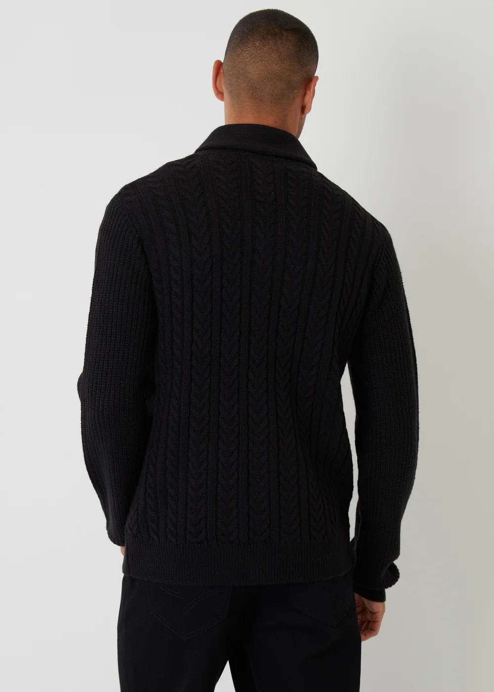 Threadbare Black Cable Knit Shawl Collar Cardigan With Wool - M Image 2