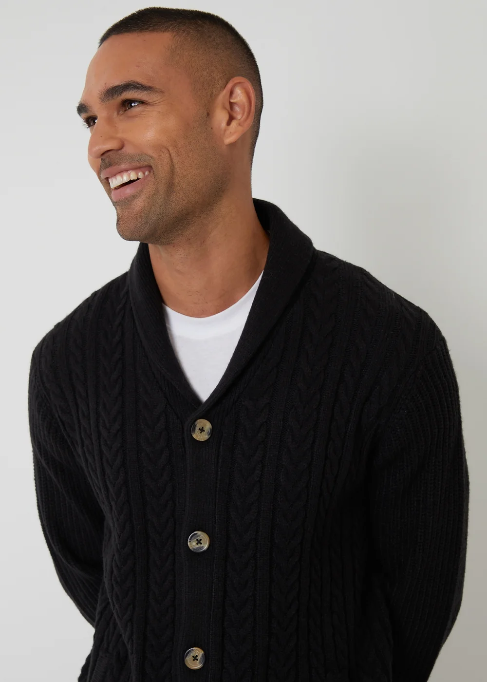 Threadbare Black Cable Knit Shawl Collar Cardigan With Wool - M Image 4