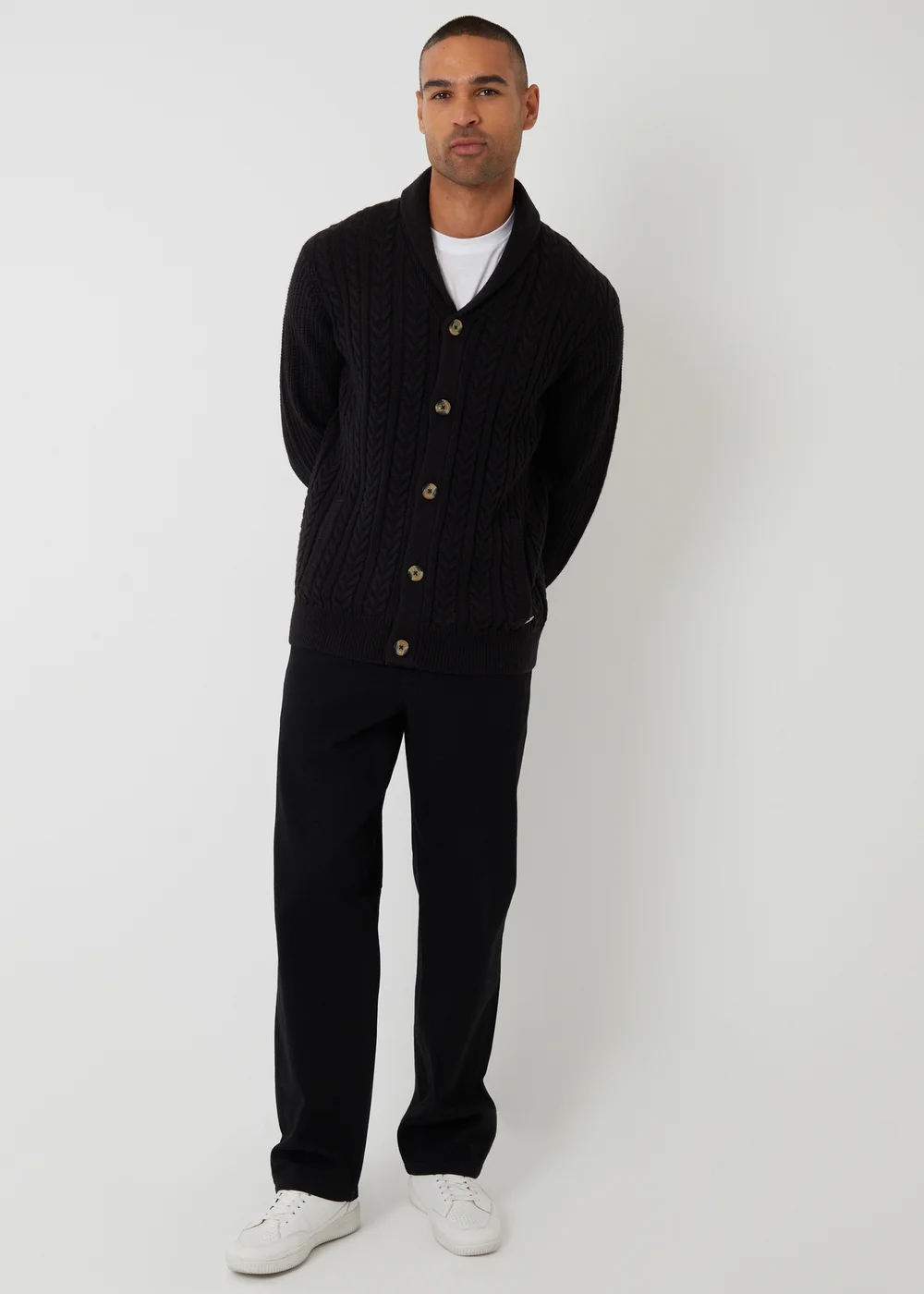 Threadbare Black Cable Knit Shawl Collar Cardigan With Wool - M Image 3