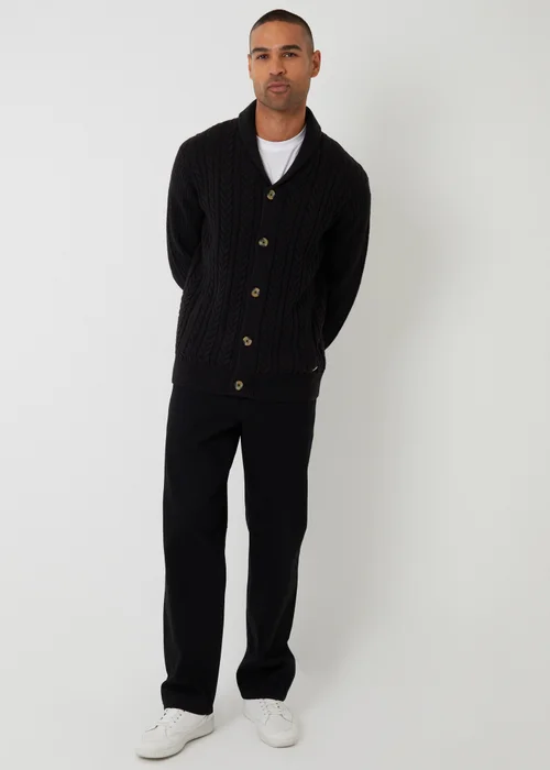 Threadbare Black Cable Knit Shawl Collar Cardigan With Wool - M Image 3