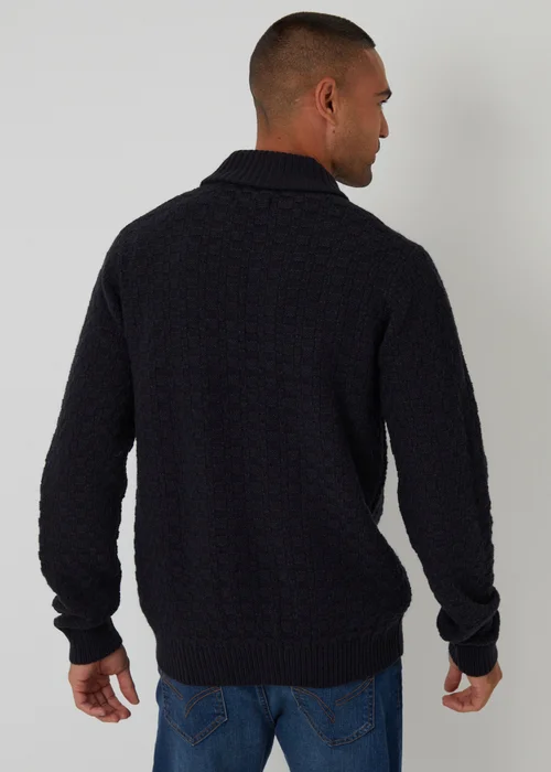 Threadbare Navy Basket Stitch Shawl Neck Jumper With Wool - Small Image 2