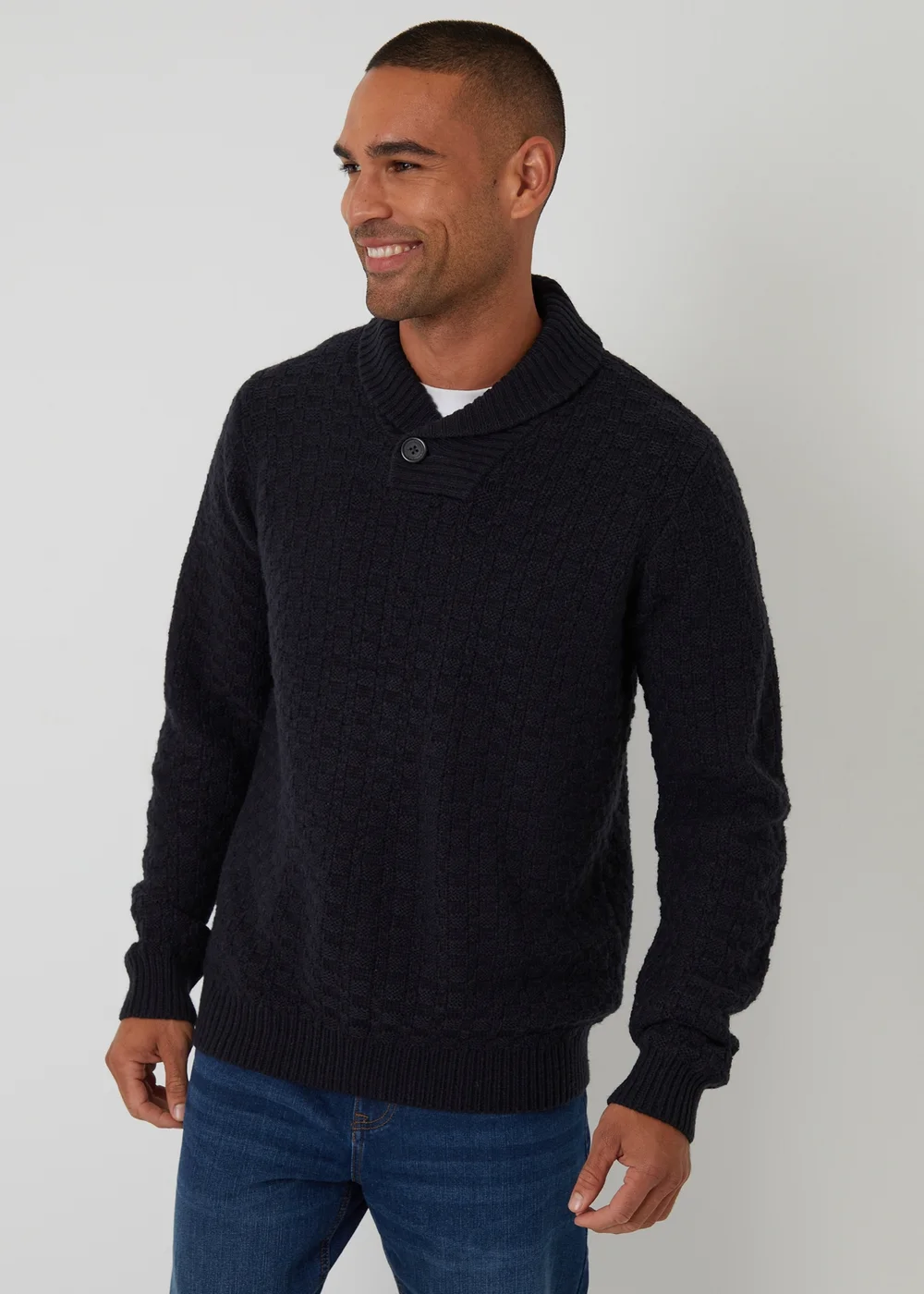 Threadbare Navy Basket Stitch Shawl Neck Jumper With Wool - Small Image 1