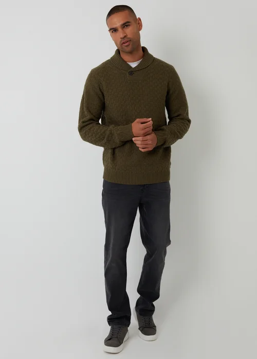 Threadbare Khaki Basket Stitch Shawl Neck Jumper With Wool - Small Image 3