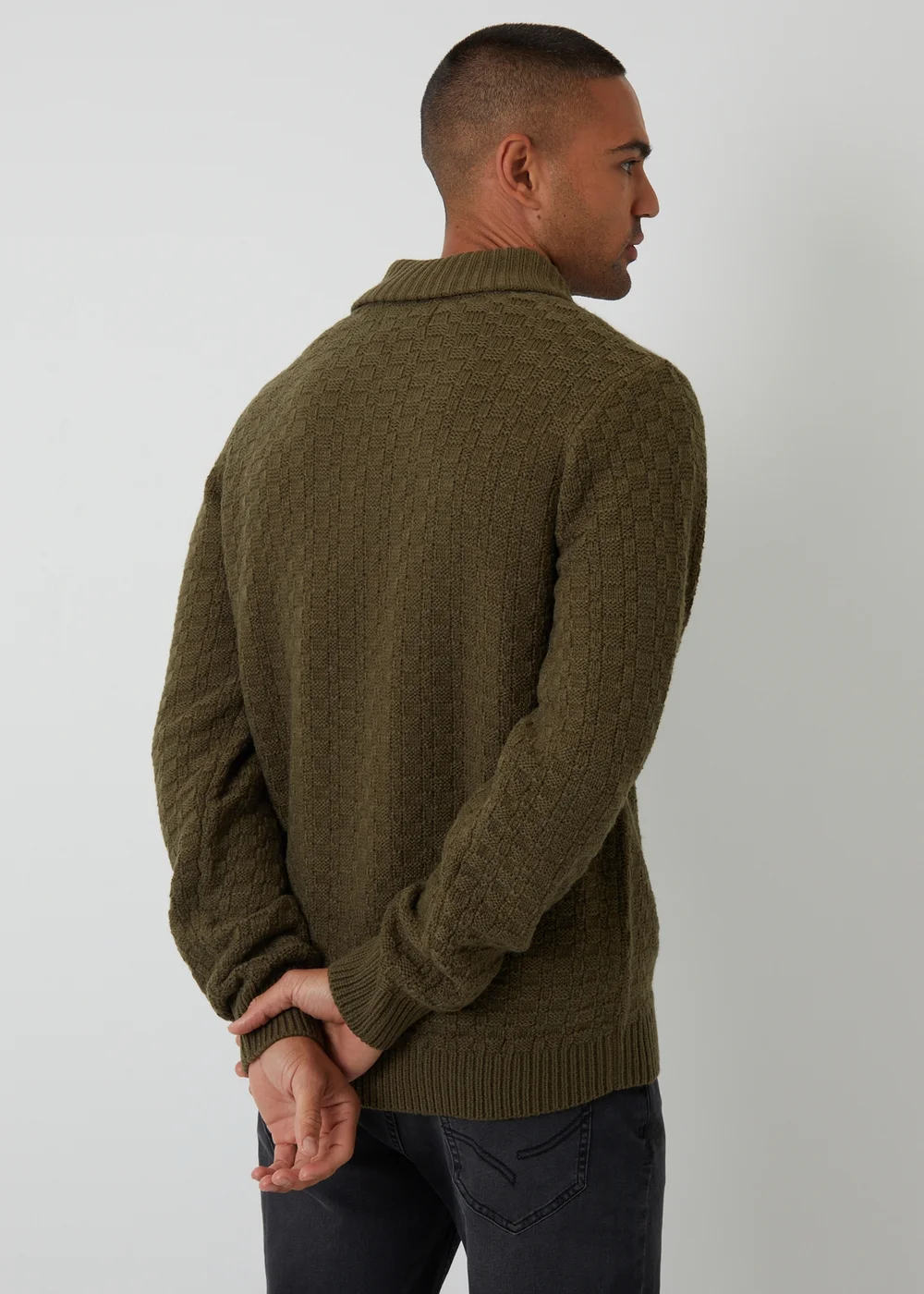 Threadbare Khaki Basket Stitch Shawl Neck Jumper With Wool - Small Image 2