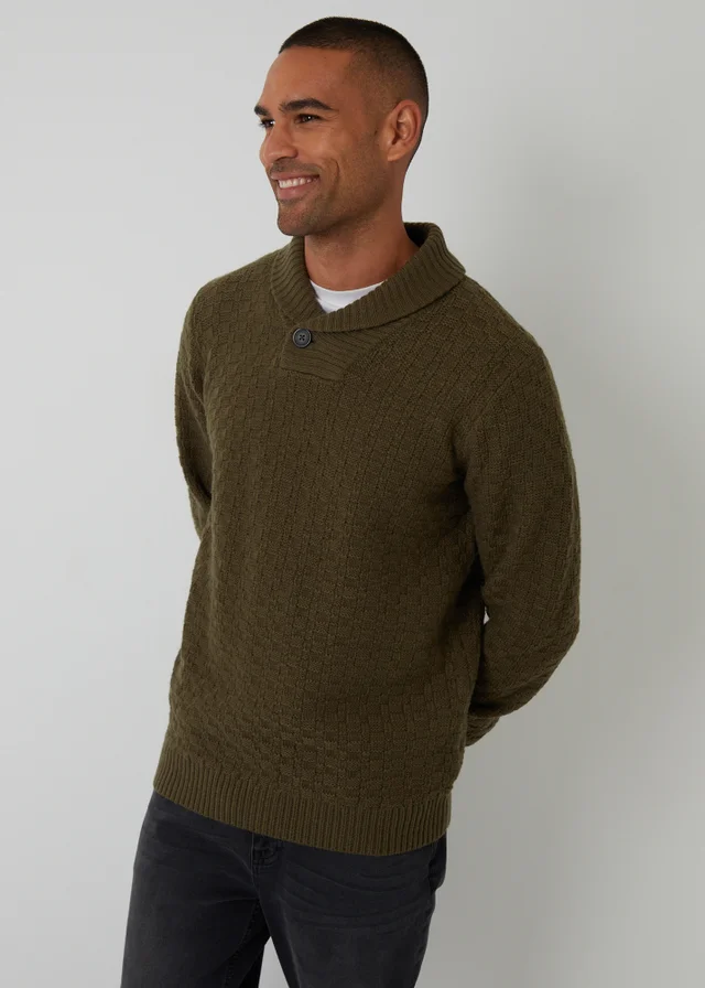 Threadbare Khaki Basket Stitch Shawl Neck Jumper With Wool