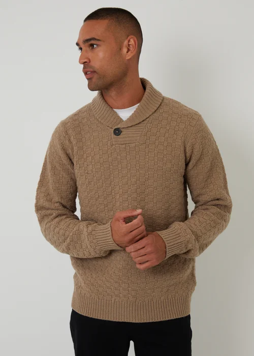 Threadbare Natural Basket Stitch Shawl Neck Jumper With Wool - XXL Image 1