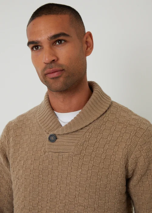 Threadbare Natural Basket Stitch Shawl Neck Jumper With Wool - XXL Image 4