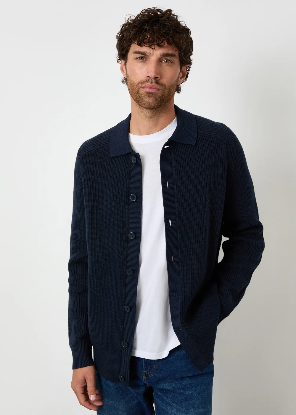 Threadbare Navy Knitted Collared Cardigan Jacket - Small Image 1