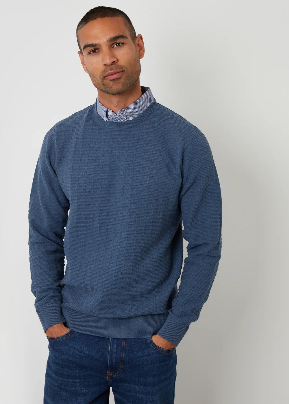 Threadbare Blue Mock Shirt Textured Knitted Jumper - Large Image 1