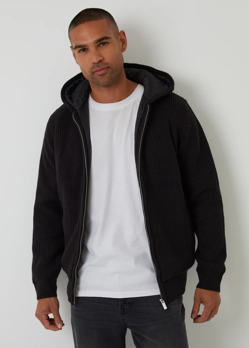 Threadbare Black Padded Knitted Jacket With Puffer Lining - XXL Image 1
