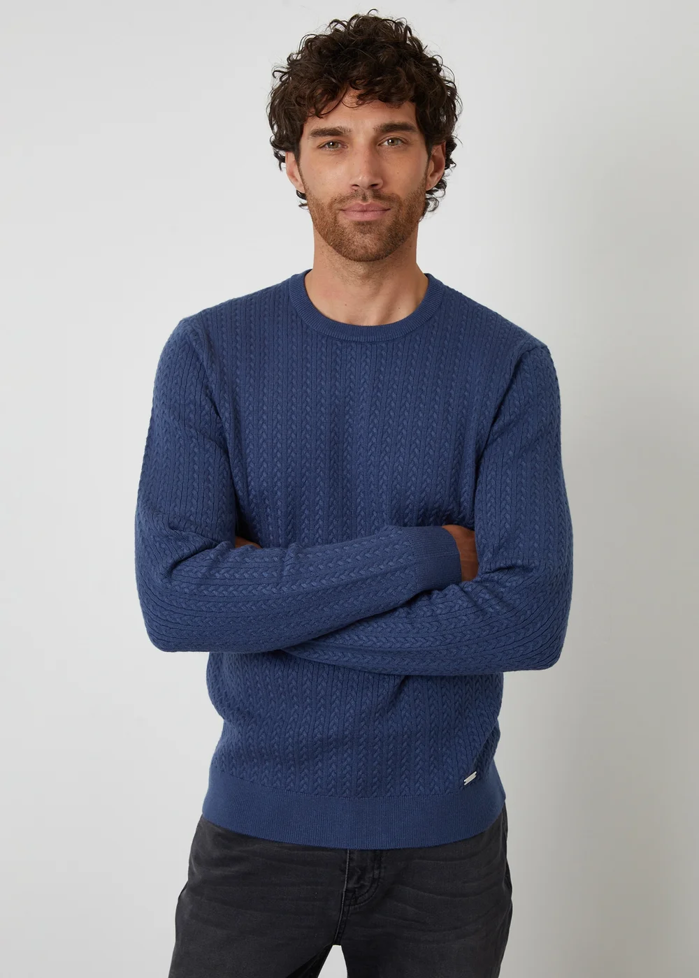 Threadbare Blue Cable Knit Rib Crew Neck Jumper - Medium Image 1