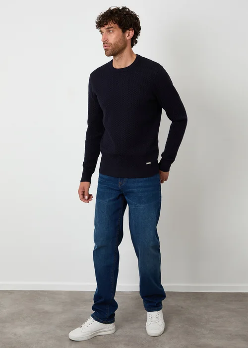 Threadbare Navy Cable Knit Rib Crew Neck Jumper - Small Image 3