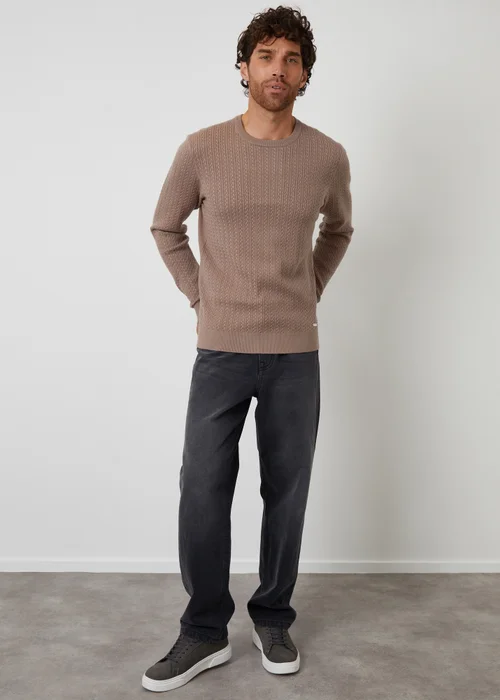 Threadbare Taupe Cable Knit Rib Crew Neck Jumper - Medium Image 4