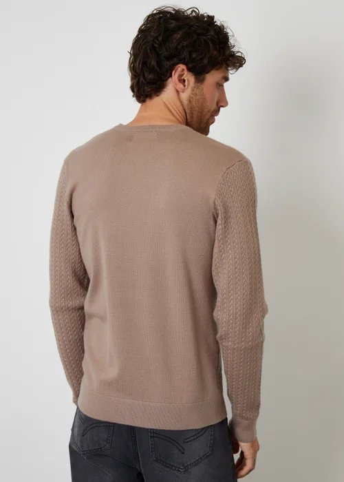 Threadbare Taupe Cable Knit Rib Crew Neck Jumper - Medium Image 2