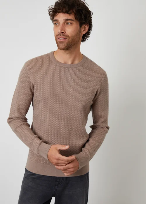 Threadbare Taupe Cable Knit Rib Crew Neck Jumper - Medium Image 1