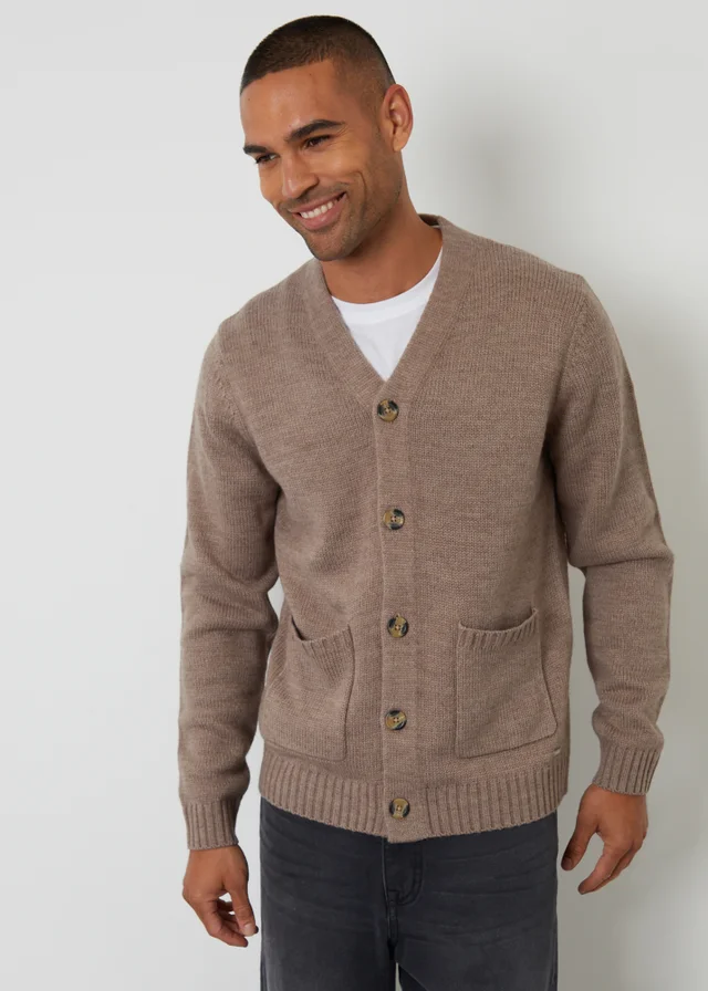 Threadbare Taupe Knitted V-Neck Cardigan