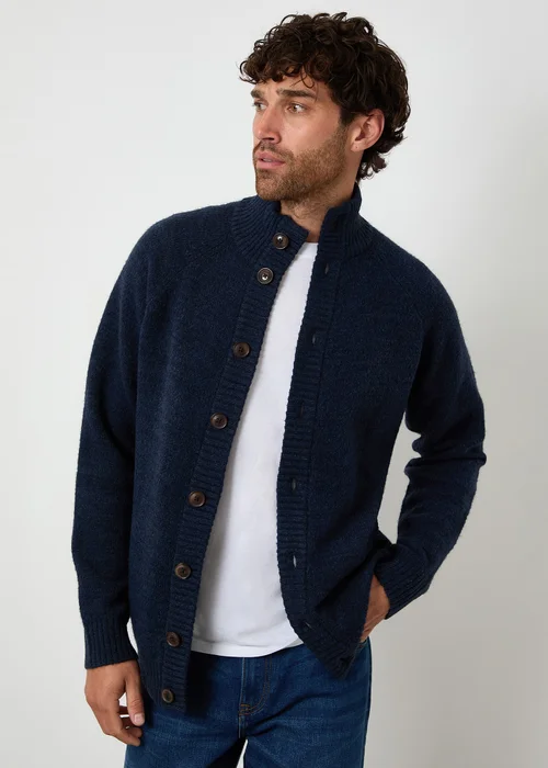 Threadbare Blue Funnel Neck Button Up Knitted Cardigan With Wool - Medium Image 1