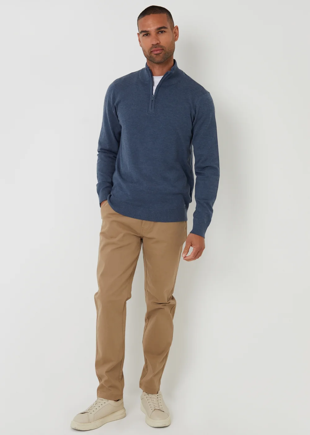 Threadbare Blue Funnel Neck Quarter Zip Knitted Jumper - M Image 3