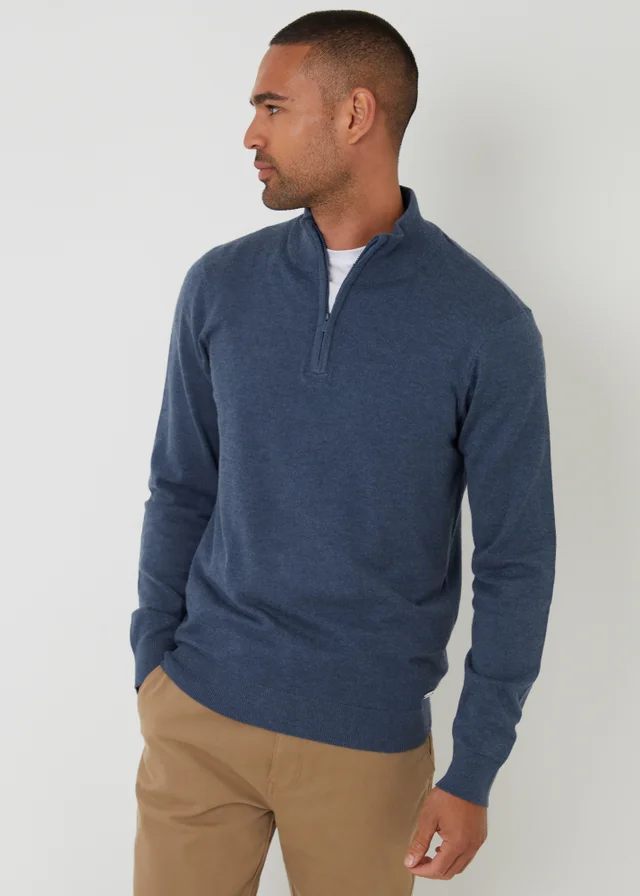 Threadbare Blue Funnel Neck Quarter Zip Knitted Jumper