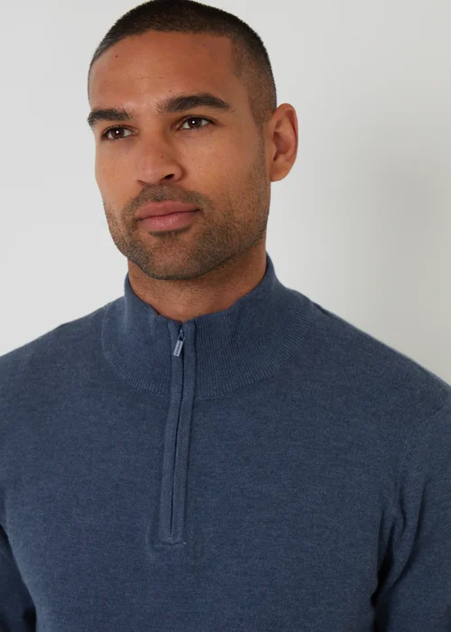 Threadbare Blue Funnel Neck Quarter Zip Knitted Jumper - M Image 4