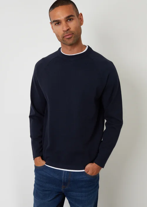 Threadbare Navy Mock Tee Textured Knit Crew Neck Jumper - XXL Image 1