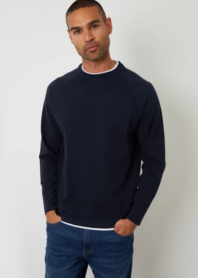 Threadbare Navy Mock Tee Textured Knit Crew Neck Jumper