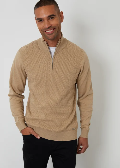 Threadbare Taupe Mini Cable Knit Quarter Zip Jumper - Large Image 1