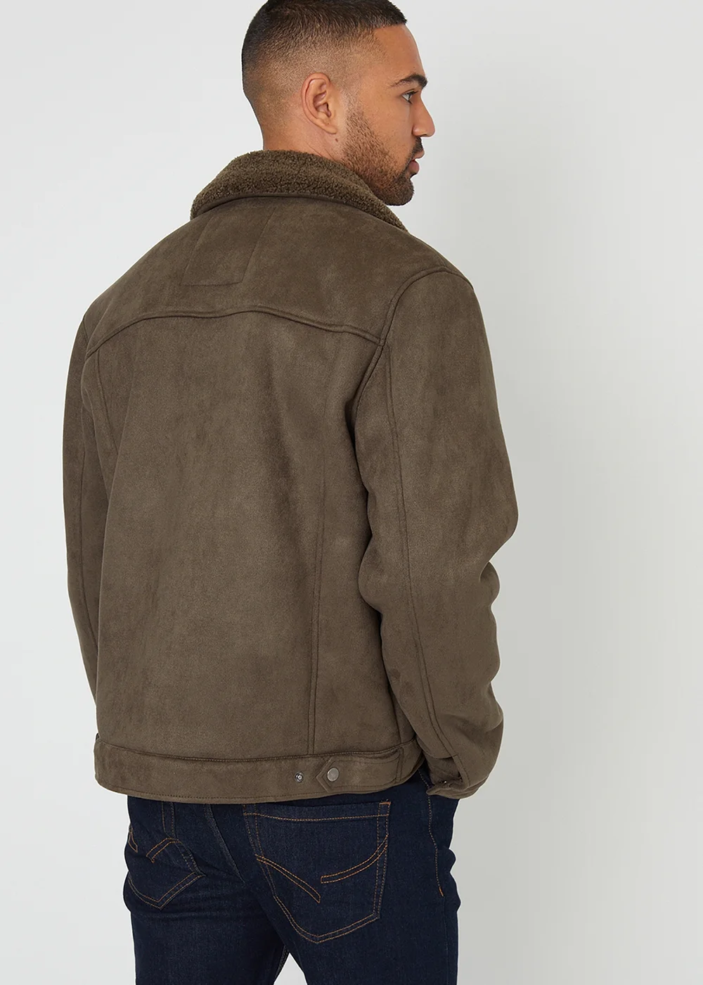 Threadbare Khaki Faux Suede Borg Lined Aviator Jacket - S Image 2